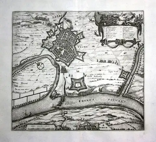 1679 Wesel plan map Rhein Ansicht view Kupferstich antique print Merian