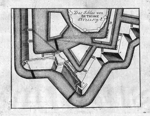 1715 Bethune bataille gravure carte plan map Kupferstich antique print Merian