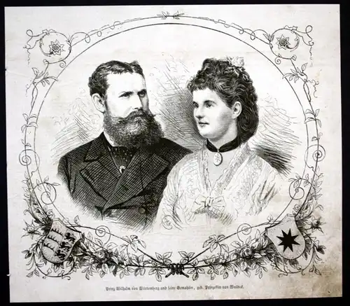 1877 Wilhelm II Württemberg Marie zu Waldeck Portrait Holzstich antique print