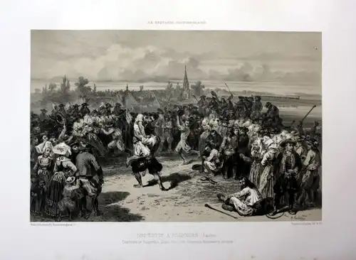 Ca. 1870 Rosporden lutte Kampf Bretagne France estampe Lithographie lithograph