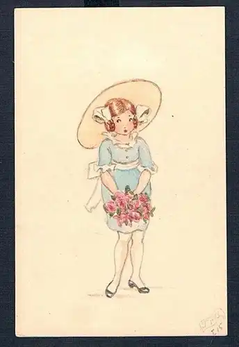 1915 - Kind Mädchen Blumenstrauß Tilly von Baumgarten-Haindl Zeichnung drawing