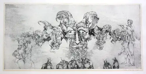 1969 Teufel Gesicht Körper Surrealismus Radierung signiert Christian Mischke