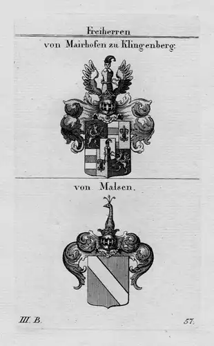 1820- Mairhofen Klingenberg Malsen Wappen Adel coat of arms heraldry Kupferstich