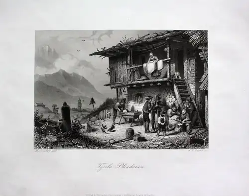 1850 - Tirol Südtirol Bauernhaus Bauern Dorfleben Familie engraving Stahlstich