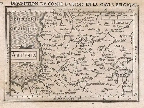 1618 - Artois Pas-de-Calais carte gravure map Karte Hondius Kupferstich