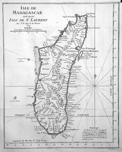 1747 Madagascar Madagaskar Africa map Karte Kupferstich antique print Bellin