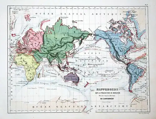 Asia Asien Amerika America Weltkarte Karte world map Lithographie lithograph