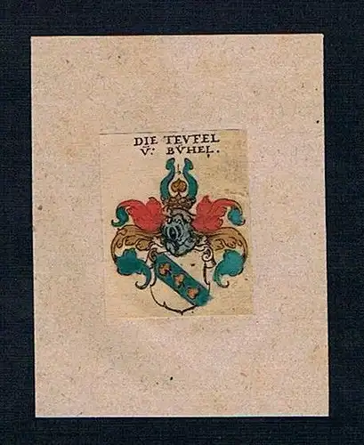 17. Jh. Teufel Bühel Wappen Kupferstich Heraldik coat of arms crest heraldry