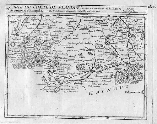 1780 - La Bassee Douai France Map Kupferstich Vaugondy carte gravure Karte