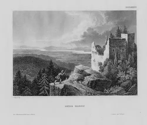 1840 - Burg Baden Bade-Baden Breisgau Baden-Württemberg Original Stahlstich