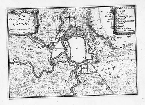 1680 - Conde-sur-l'Escault plan estampe Beaulieu Kupferstich engraving gravure