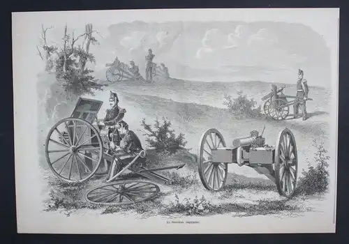 1870 - Kanone Maschinengewehr Kugelspritze Militaria wood engraving Holzstich