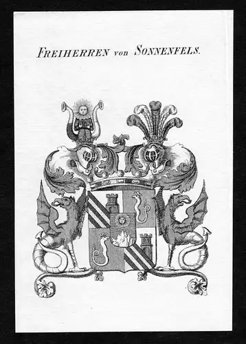 Ca. 1820 Sonnenfels Wappen Adel coat of arms Kupferstich antique print heraldry