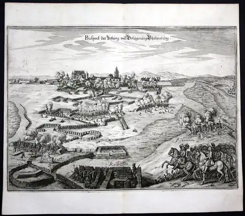 1680 Festung Philippsburg Rhein Belagerung Plan Kupferstich antique print Merian