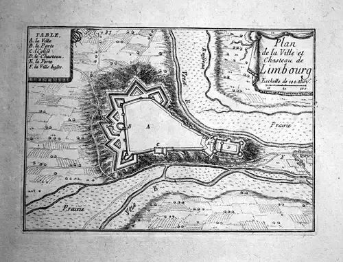 1680 Limbourg Chateau Belgique carte map gravure Kupferstich engraving Beaulieu