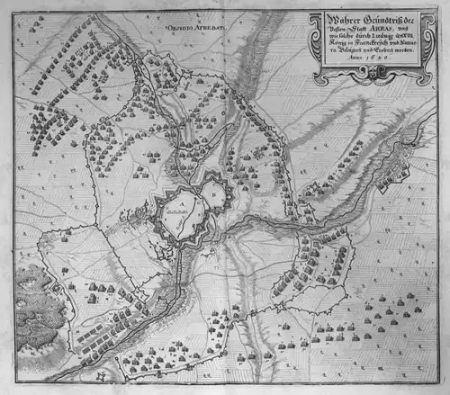 1645 Arras Pas-de-Calais bataille gravure plan Kupferstich antique print Merian