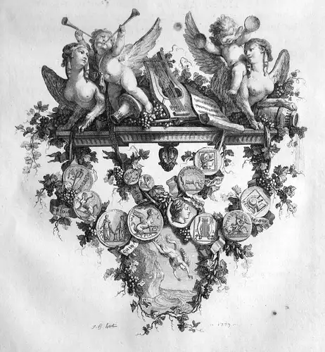 1779 Engel angel Medaille Statue medals Musik music Kupferstich antique p 156870