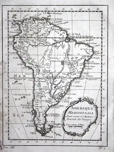 1750 South America Brasil Chile Paraguay map Kupferstich antique print Bellin