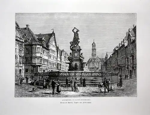 1870 Maximilianstraße Augsburg Herkulesbrunnen Ansicht Holzstich antique print