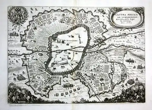 1680 Nürnberg Schweden Lager Ansicht map Karte Kupferstich antique print Merian