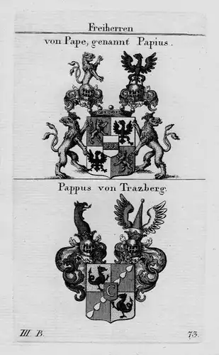 1820 - Pape Papius Pappus Trazberg Wappen Adel coat of arms heraldry Kupferstich
