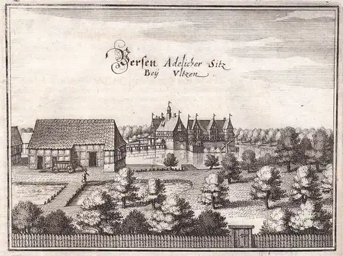 1650 Uelzen Veerßen Herrenhaus Zugbrücke Ansicht view Kupferstich Merian