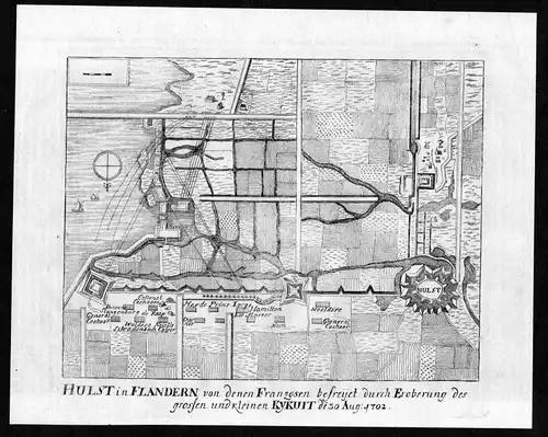 1705 Hulst Flandern Nederland battle map Karte Kupferstich antique print Merian