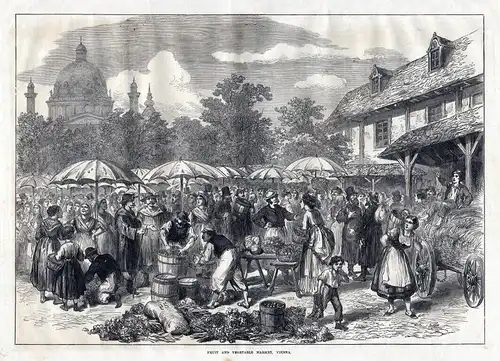 Fruit vegetable market Vienna Wien Österreich Früchte Gemüse Markt antique print