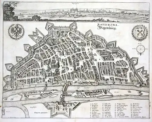 1705 Regesburg Bayern Ansicht Stadt view Donau Kupferstich antique print Merian