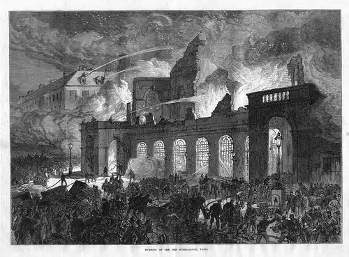 Burning opera house Paris France Frankreich brennen Feuer fire antique print