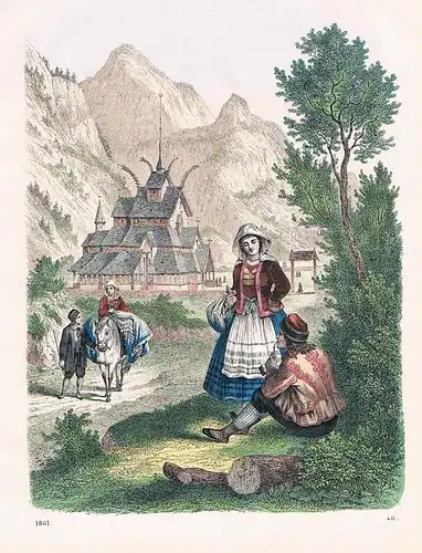 1861 - Norwegen Norway Tracht Trachten costumes Skandinavien Lithographie