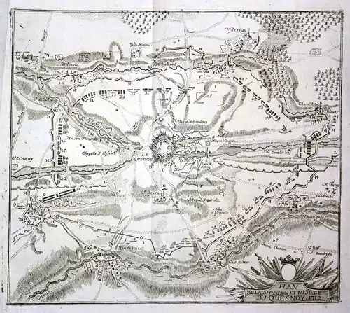1715 Le Quesnoy siege carte gravure plan map Kupferstich antique print Merian