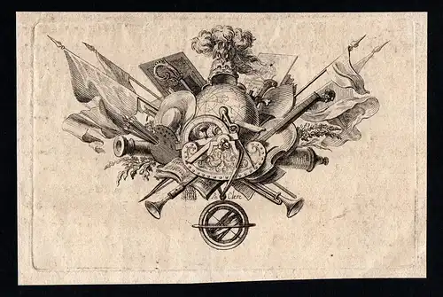 Ornament Waffen Flaggen Weltkugel Malerei Kupferstich gravure antique print 1700