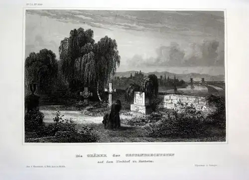 Ca. 1840 Mannheim Kirche Friedhof cementery Stahlstich engraving