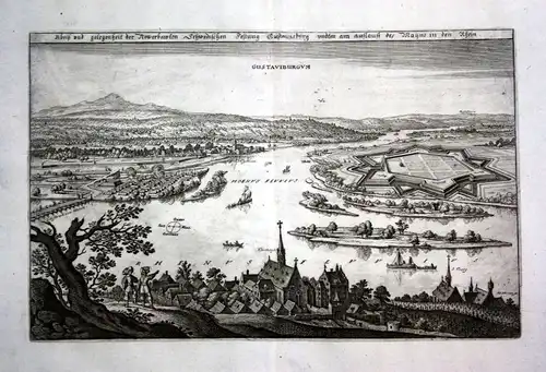 1679 Gustavsburg Main Rhein plan Ansicht view Kupferstich antique print Merian