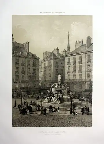 Ca. 1870 Fontaine Place Royale Nantes Bretagne France estampe Lithographie litho