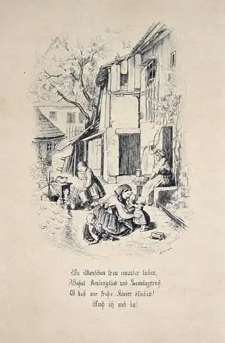 1874 Kinder Mutter Frau Zeichnung Biedermeier Gedicht Ludwig Richter
