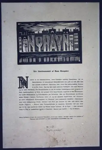 1943 Hans Kongslev Nyhavn Kobenhavn Kopenhagen Linolschnitt signiert