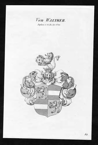 Ca. 1820 Walther Wappen Adel coat of arms Kupferstich antique print heraldry