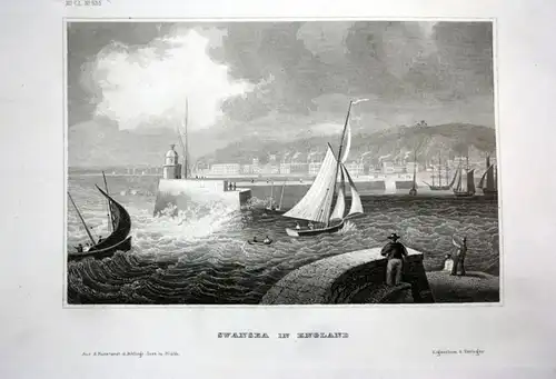 Ca. 1840 Swansea Wales Ansicht view Stahlstich engraving