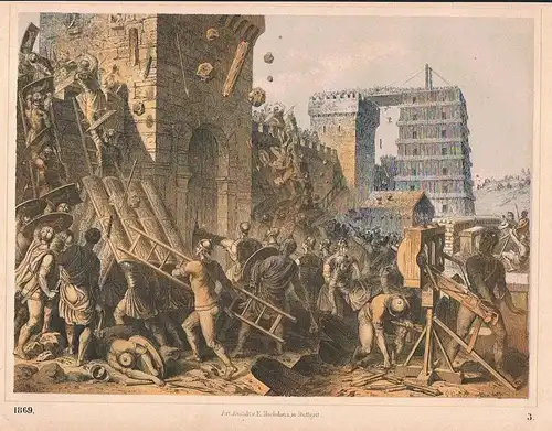 1869 - Sturm auf eine belagerte Stadt Krieg war Lithographie lithography