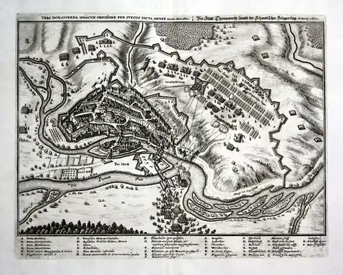 1679 Donauwörth Donau Belagerung Ansicht view Kupferstich antique print Merian
