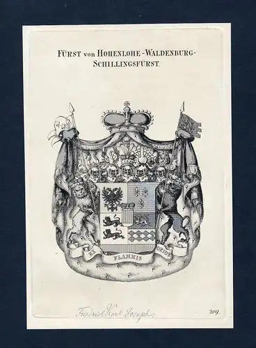 1820 Hohenlohe Waldenburg Wappen Adel coat of arms Kupferstich engraving