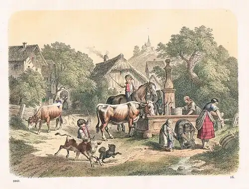 1861 - Bauernhof Bauern farm Kuh Pferde Landleben Lithographie lithography