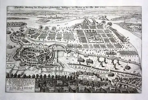 1679 Werben Elbe Belangerung Feldlager view Kupferstich antique print Merian