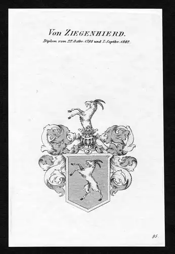 Ca. 1820 Ziegenhierd Wappen Adel coat of arms Kupferstich antique print heraldry