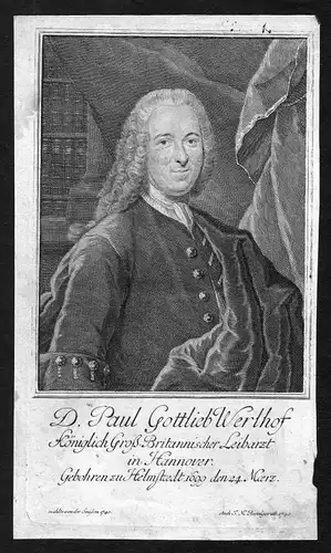 1741 Paul Gottlieb Werlhof Arzt Hannover Portrait Kupferstich antique print
