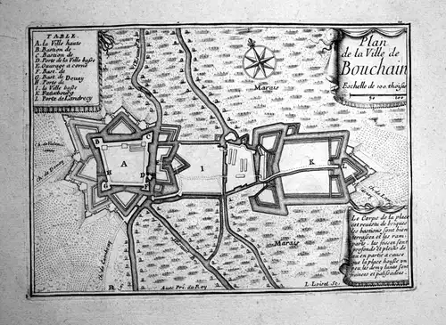 1680 Bouchain France plan carte map gravure Kupferstich engraving Beaulieu