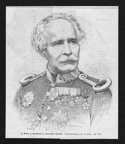 1866 Jakob von Hartmann Offizier General Portrait Holzstich antique print