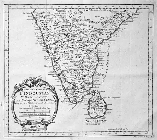 Ca. 1750 India Indien Sri Lanka Karte map Kupferstich antique print Bellin
